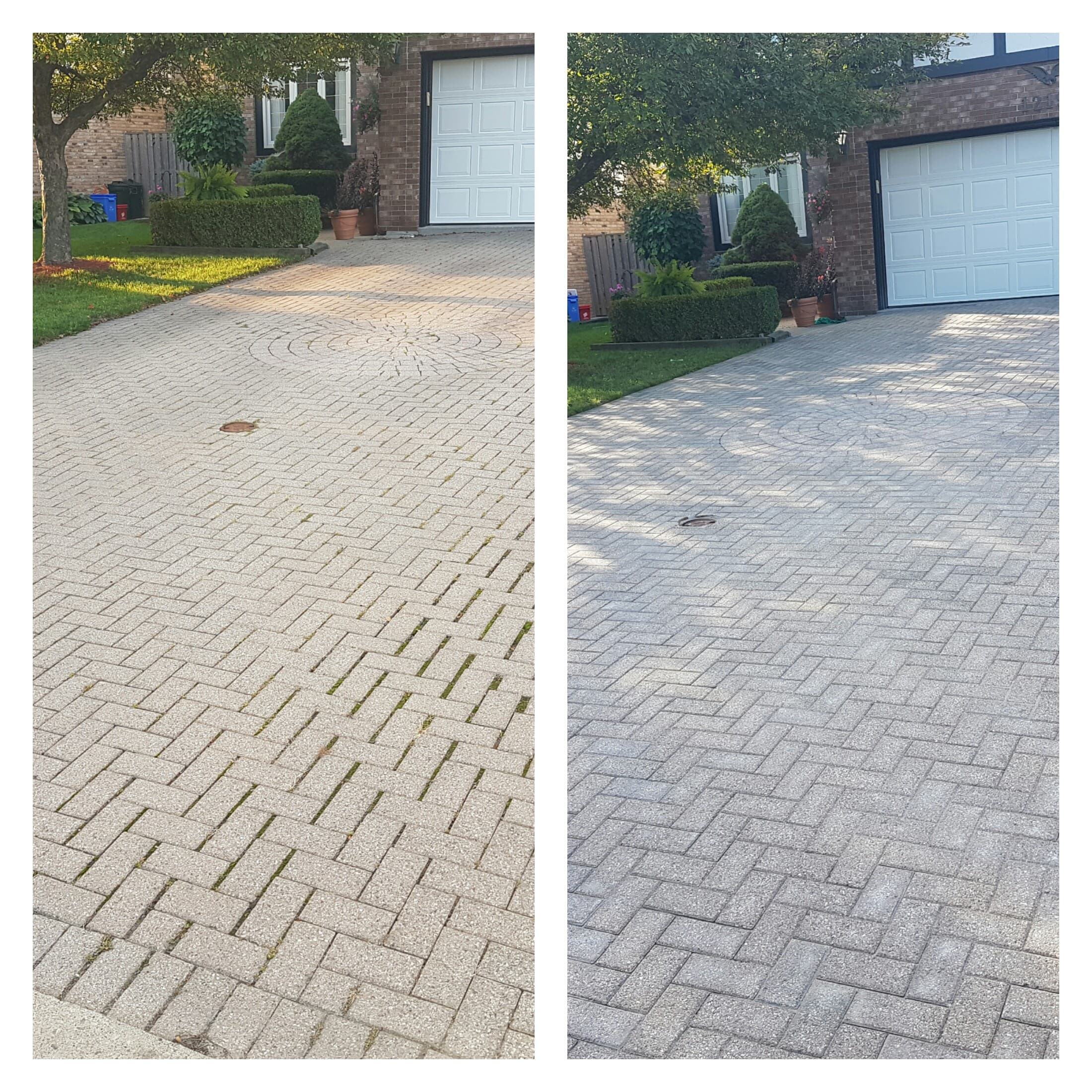 Interlock driveway before and after power washing in Windsor Ontario showing clean restored pavers