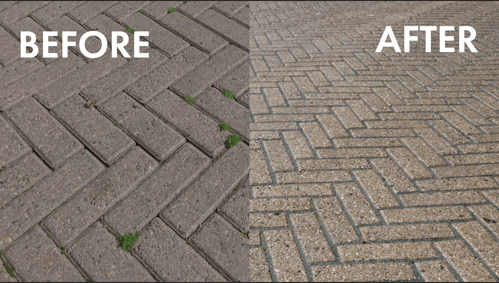 Interlock paver sealing before and after in Windsor Ontario showing weed removal and sealed joints